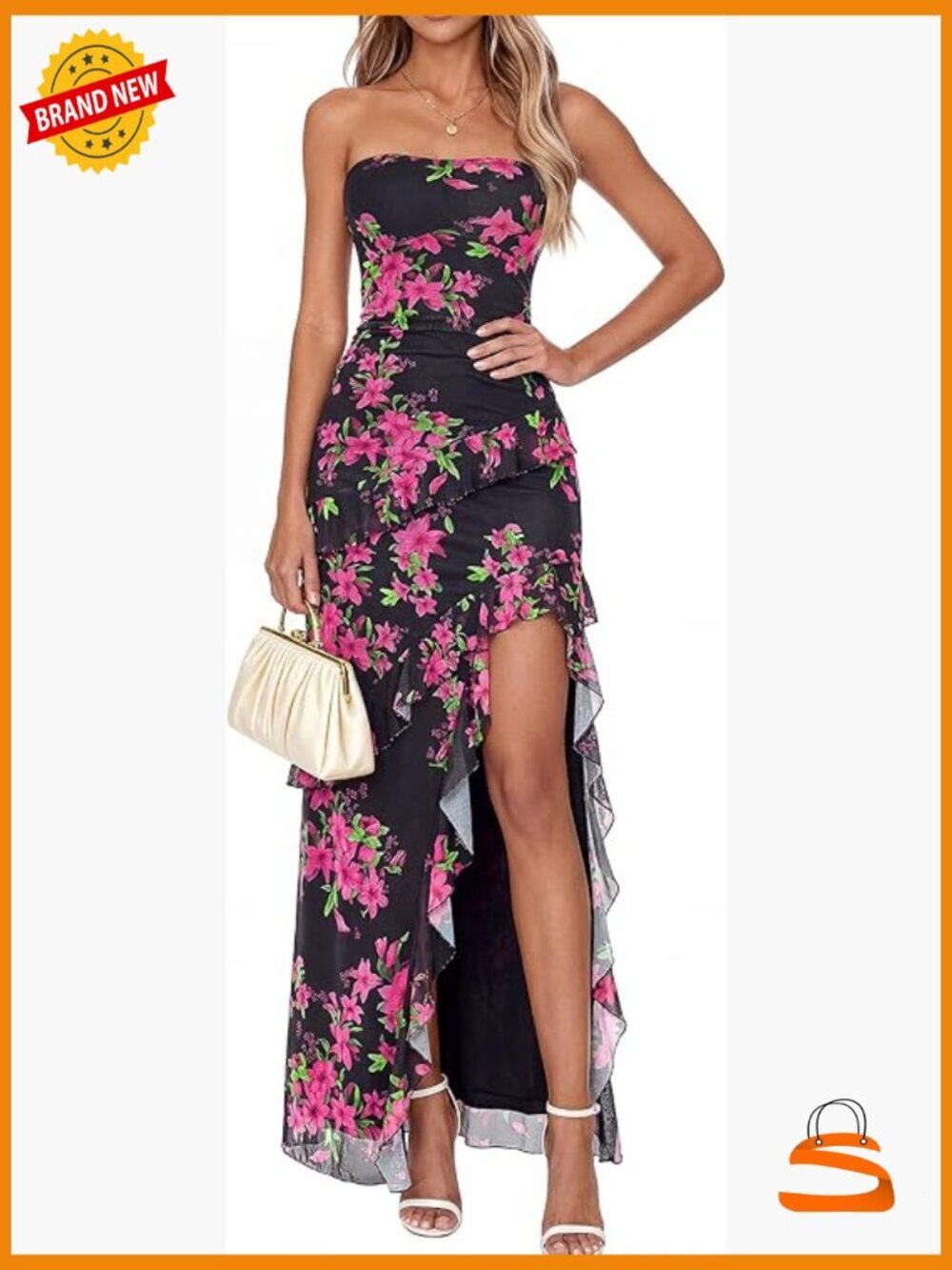Off Shoulder Strapless Maxi Dress with Ruffle High Slit